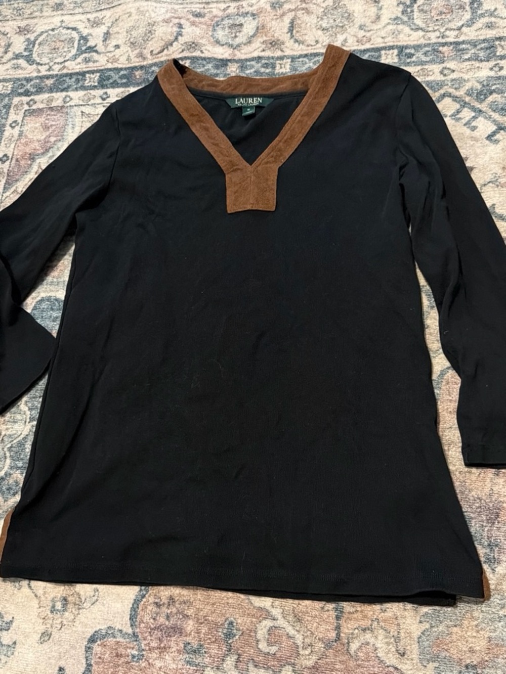 Ralph Lauren Black Top with Brown Suede V-Neck Trim